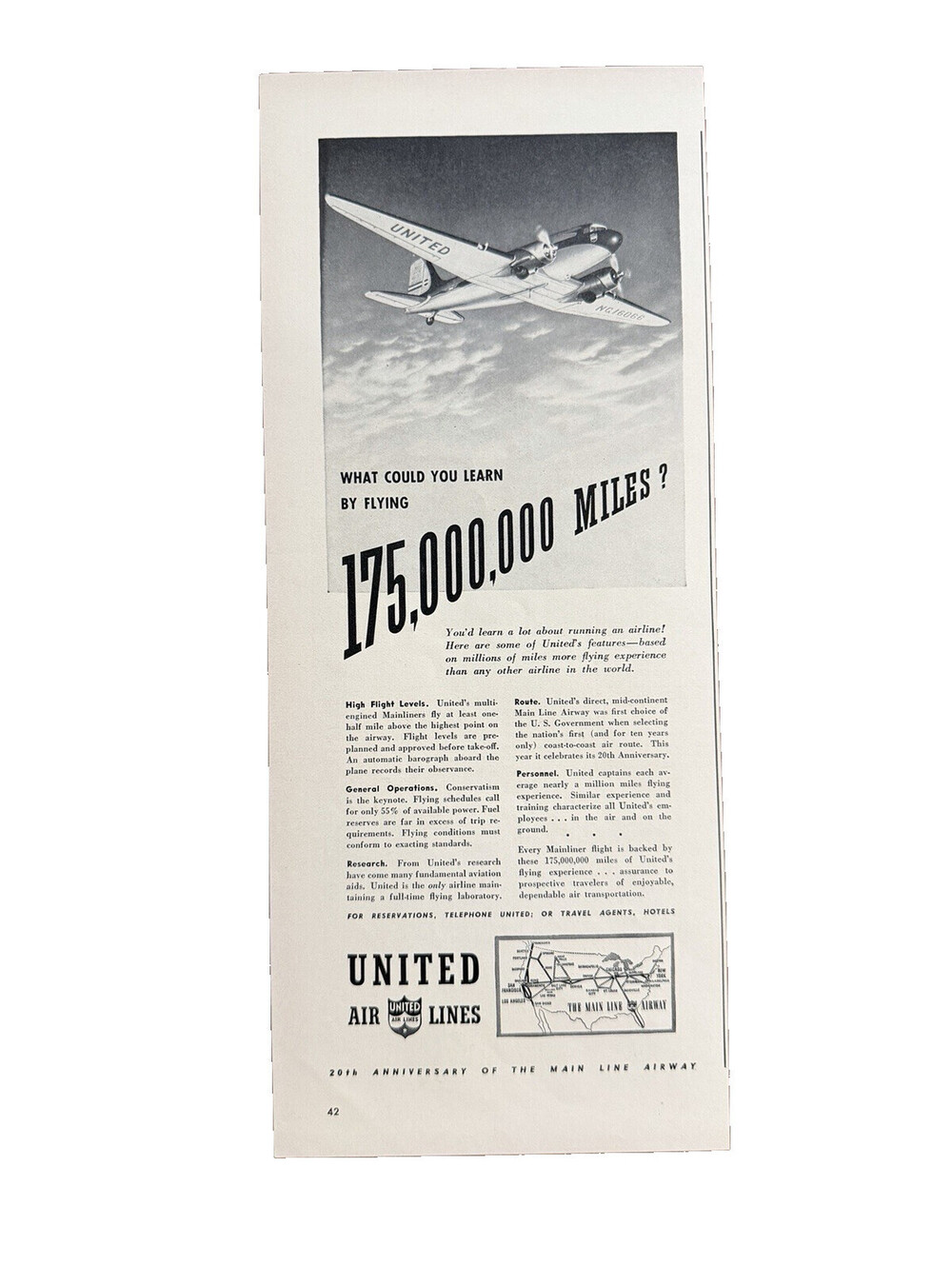 1940 United Airlines Print Ad 20th Anniversary Aviation Flying Flight Jetliner